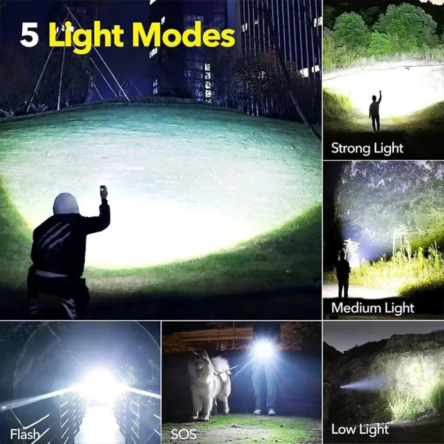 KDULIT Hochleistungs-LED-Taschenlampe aus Aluminiumlegierung in Schwarz mit USB-Aufladung, 5 Modi und Teleskop-Zoom für Outdoor, Camping und Angeln - Bild 4