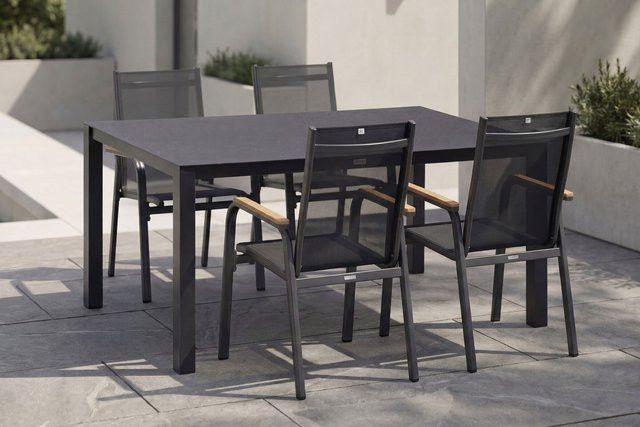 Kettler Granada Garten-Essgruppe in Anthrazit aus Aluminium und Spraystone mit Tisch und 4 Stapelsesseln, Tisch Breite: 160 cm, Tiefe: 95 cm - Bild 1