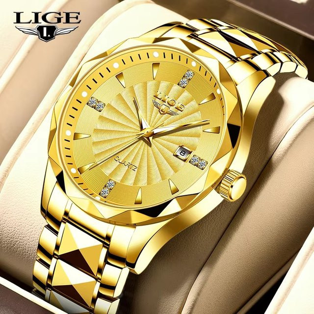 LIGE Armbanduhr Quarz, Edelstahl, Gold, Herren, Datum - Bild 1