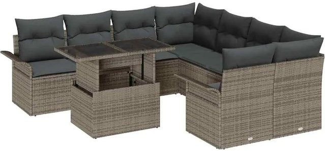 vidaXL Garten-Sofa-Set aus Poly-Rattan in Grau mit 9-teiligem Polster-Set und Tisch - Bild 1