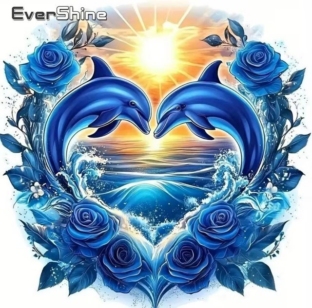 Evershine DIY Diamantmalerei Mosaik Set mit Delphin und Sonnenuntergang, Acryl-Handwerk mit Rosenblumen, Multicolor, B/H: 20 x 20 cm - Bild 1