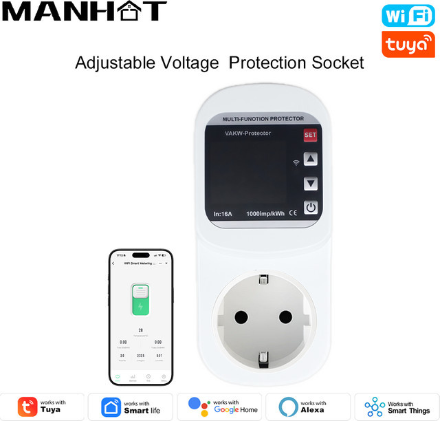 Manhot Tuya Smart WIFI Spannungsschutz-Steckdose 16A in Weiß mit Digitalanzeige und Überstromschutz - Bild 1