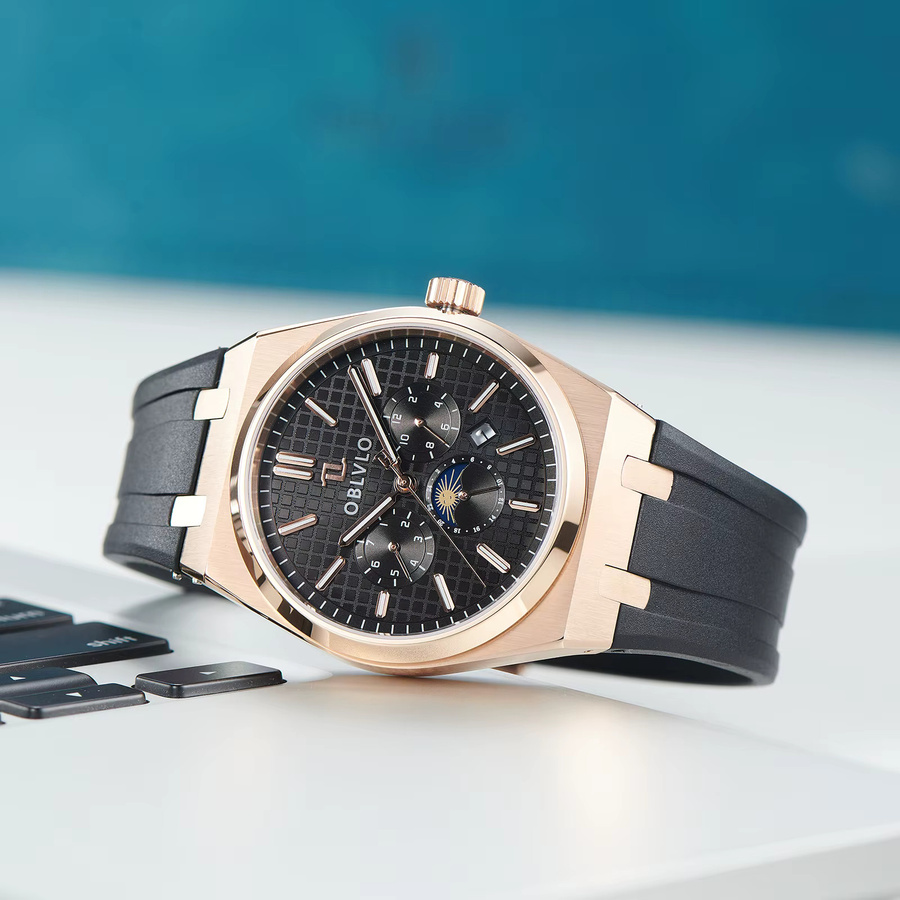 OBLVLO Armbanduhr Automatik, Roségold, Gummiband, Herren - Bild 2