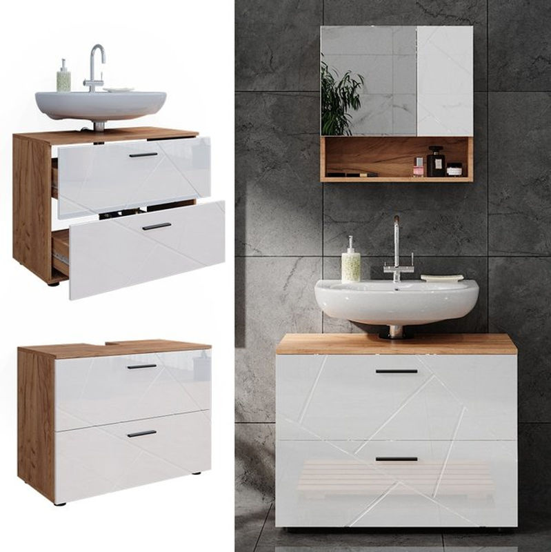 Vicco Waschtischunterschrank Irma Badschrank in Eiche und Weiß Hochglanz mit 2 Schubladen, B/T/H: 80 x 58,6 x 41 cm - Bild 2