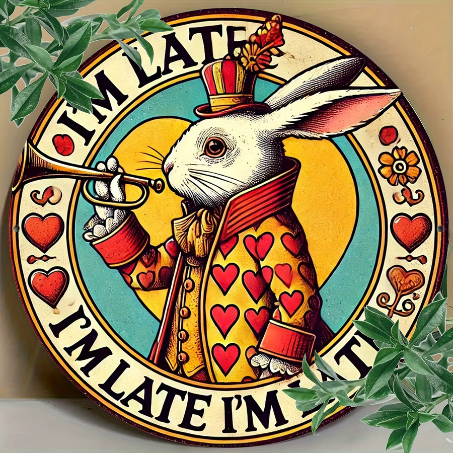 Potdemiel Vintage Kaninchen Metall-Wandkunstschild I'm Late I'm Late Rund, Mehrfarbig, Durchmesser: 20 cm - Bild 2