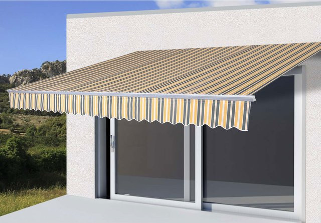 Gelenkarmmarkise MCW-E49 aus Aluminium mit Polyesterstoff in Grau-Gelb gestreift, B: 250 cm, H: 200 cm - Bild 1