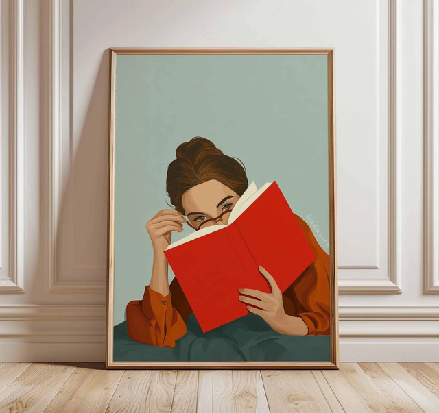 Modernes Illustrationsplakat Frau liest Buch als Wandkunst in Mehrfarbig - Bild 1