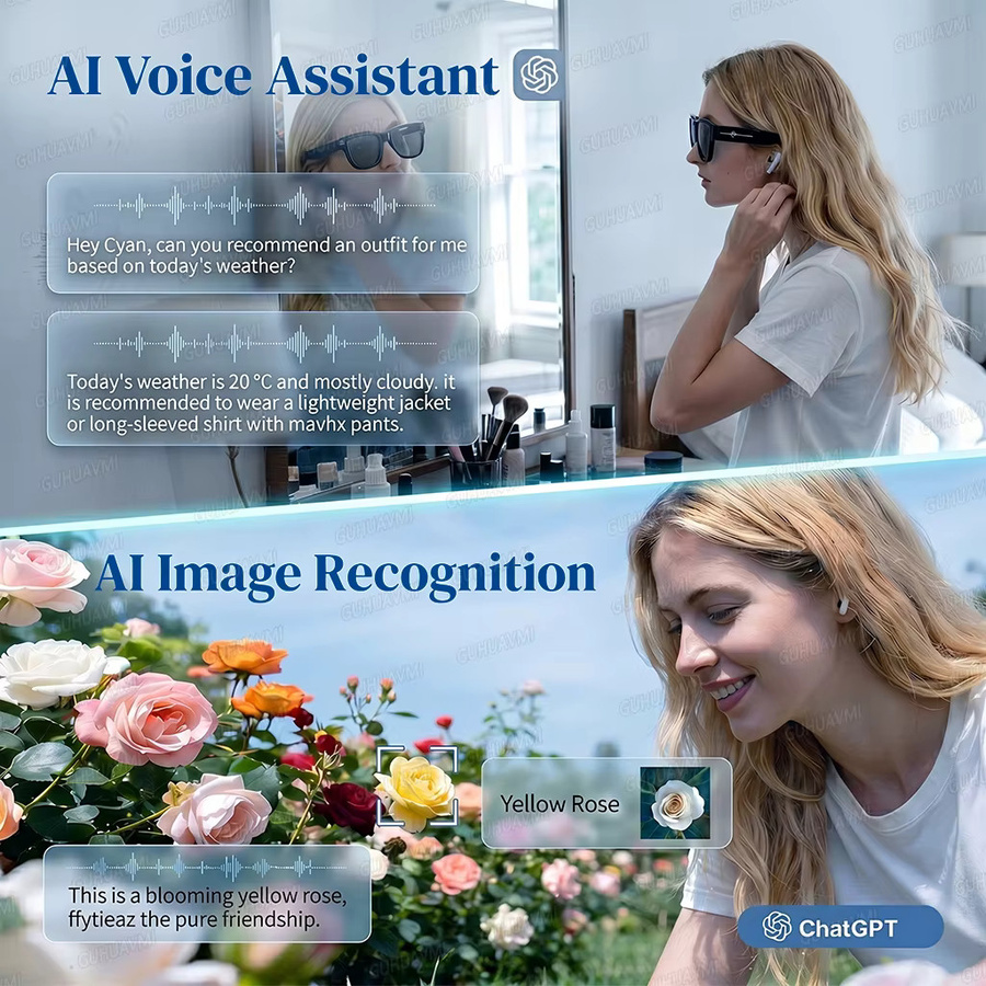 GUHUAVMI Smart Glasses AI-Brille mit 8MP 4K HD Kamera, 32GB Speicher, 3600mAh Powerbank und Übersetzungsfunktion, wasserdicht, Schwarz - Bild 4