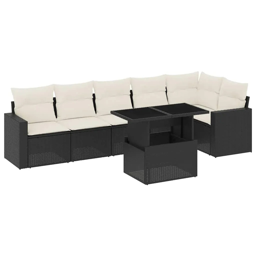 vidaXL 7-tlg. Garten-Sofagarnitur in L-Form aus Poly-Rattan und pulverbeschichtetem Stahl mit Kissen in Schwarz-Creme - Bild 2