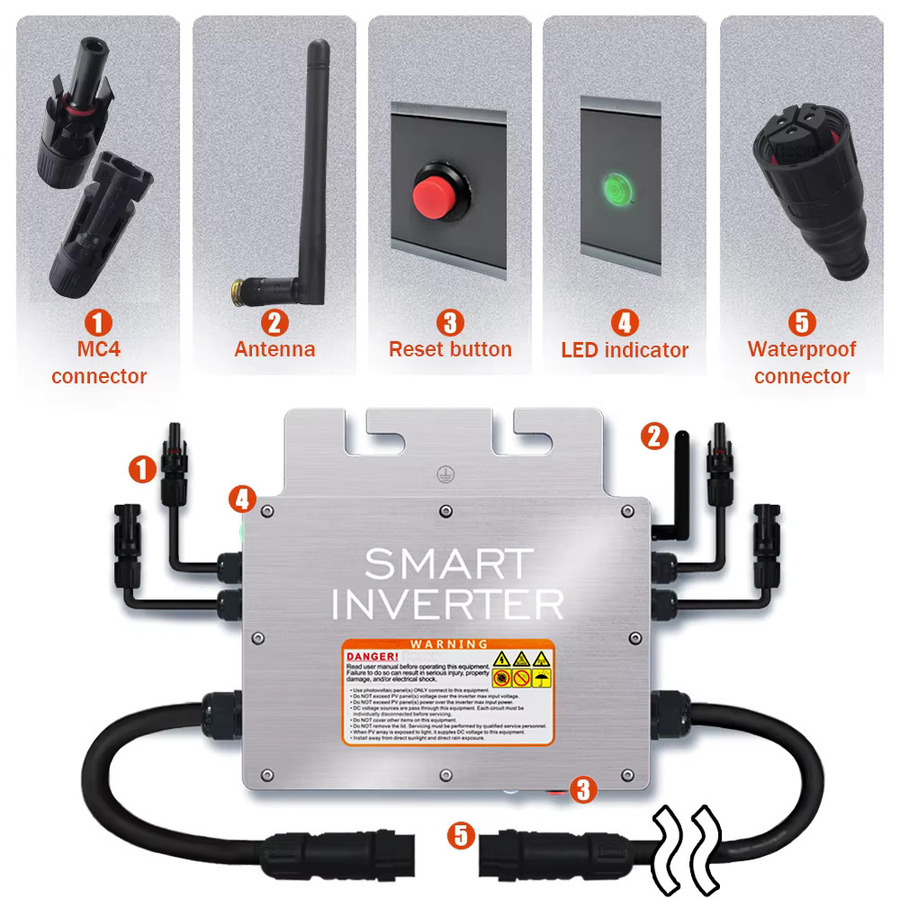 Netzgekoppelter Mikro-Solarwechselrichter mit MPPT und WiFi, 1KW (800W/600W), IP65 Schutzklasse, 20-60VDC Eingang, 120V/230V Ausgang, Farbe: Silber - Bild 2