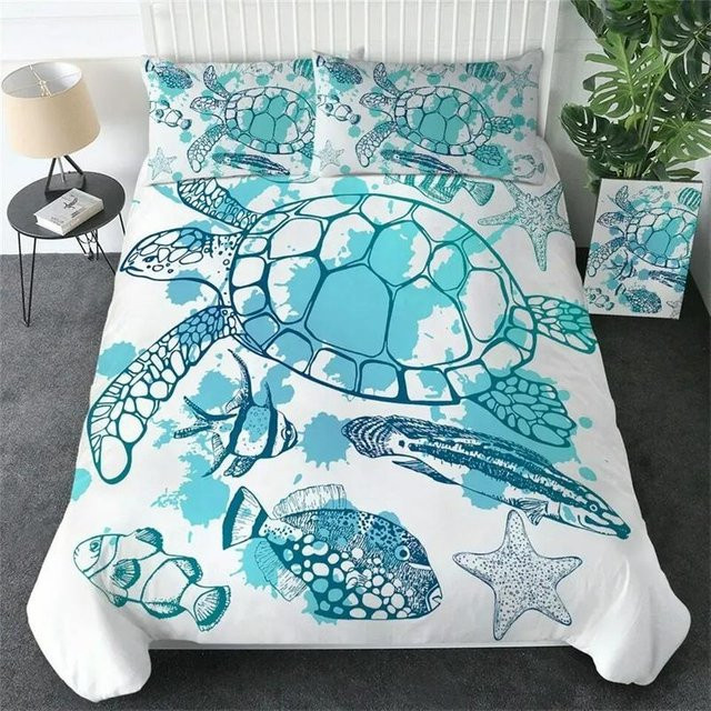 Binchi Fitness Meeresschildkröten Bettwäsche Set in Türkis und Weiß mit Ozean-Motiv, Material Polyester, B/H: 140 x 210 cm - Bild 1