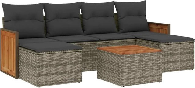 vidaXL 7-tlg Garten-Sofagarnitur aus Polyrattan und Akazienholz in Grau mit Kissen - Bild 1
