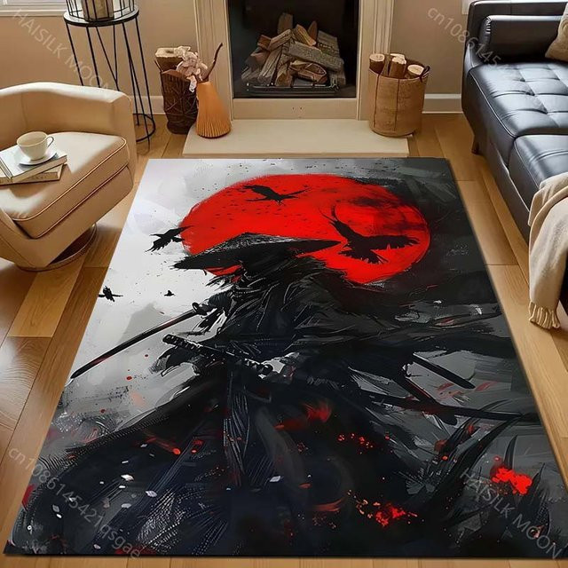 UQIDEHOME Japanischer Samurai Teppich im Tuschemalerei-Stil, Schwarz, B/T: 80 x 50 cm - Bild 1