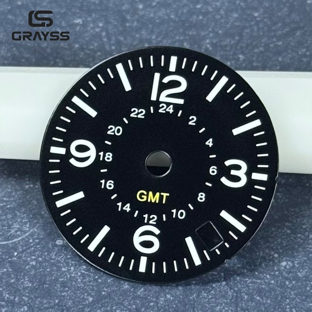 GRAYSS Uhrenzubehör Pilotenuhr-Zifferblatt, Römische Ziffern, Grüne Leuchtmasse, NH34 Uhrwerk GMT, 28,5mm/33,5mm - Bild 1