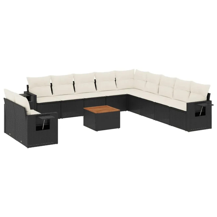 vidaXL 12-teilige Garten-Sofagarnitur in L-Form aus Polyrattan und Akazienholz mit Kissen in Schwarz-Creme - Bild 2