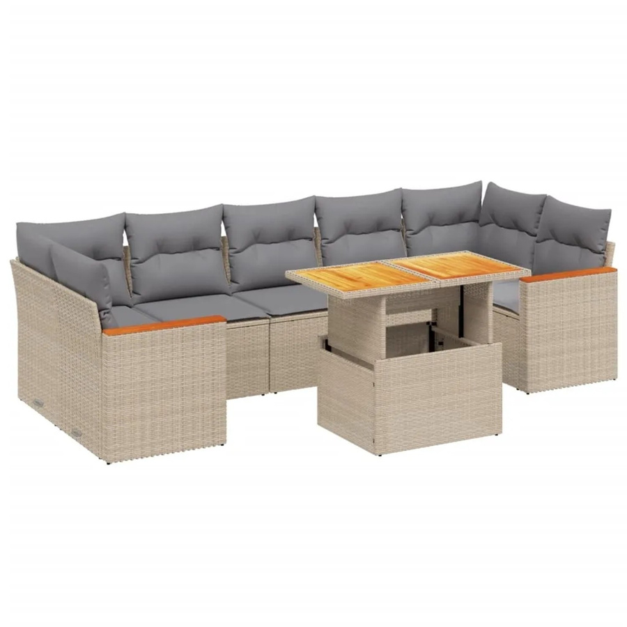 vidaXL 8-tlg Garten-Sofagarnitur in L-Form aus Polyrattan und Akazienholz mit Kissen, Beige - Bild 2