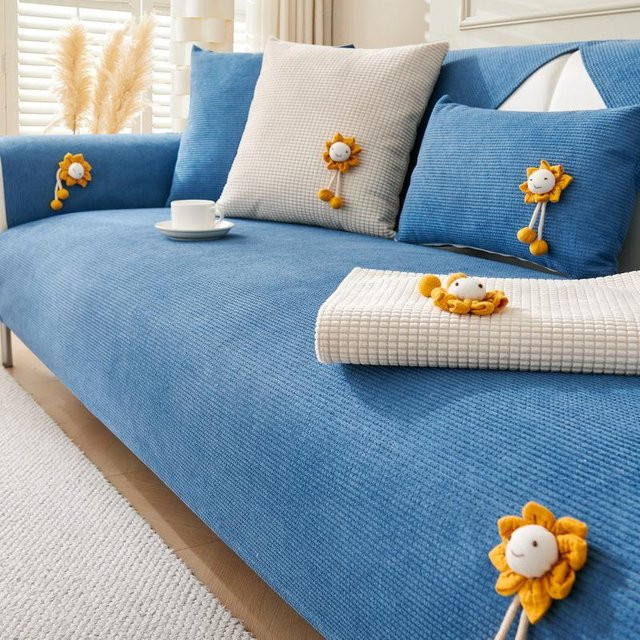 Weicher Mais Samt Sofabezug mit Sonnenblumen-Design, rutschfester Couchkissenbezug aus Polyester, Blau, B/B: 70 x 70 cm - Bild 1