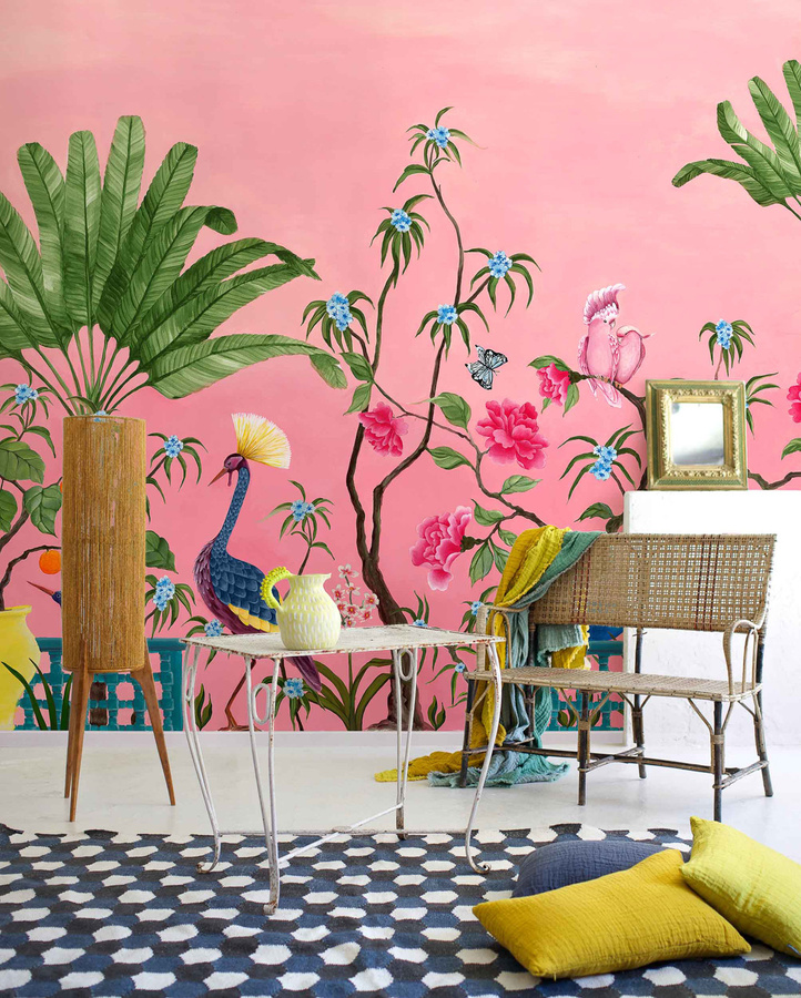 Coordonné Wandbehang Neo-Tea Garden in Pink und Grün mit floralem Design - Bild 1