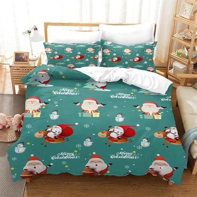 Weihnachts-Bettwäsche-Set mit Schneemann und Weihnachtsmann aus Mikrofaser, 3-teiliges Bettbezug-Set für Kinder, B/H: 135 x 200 cm - Bild 1