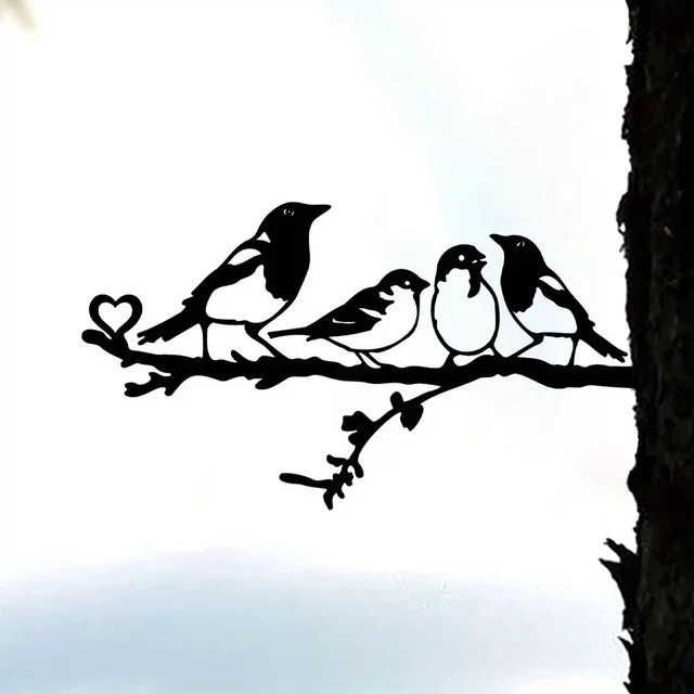 HelloYoung Metallwandkunst Vier Vögel auf Ast in Schwarz als Außenstatue für Garten und Terrasse - Bild 1