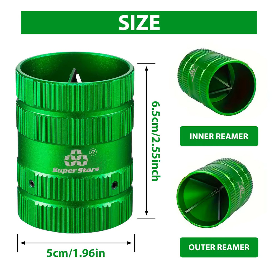 Innen- und Außenfasenreibahlen Set für Rohre von 1/4 bis 1-5/8 Zoll, Entgratungsschaber und Kantenbearbeitungswerkzeug für Kupfer- und PVC-Rohre in Grün - Bild 2