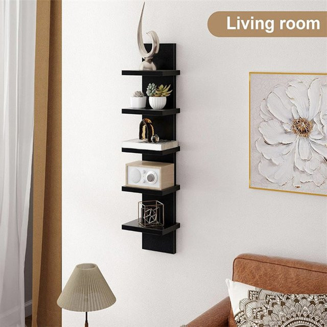 5-stufiges Wand-Bücherregal aus Holz in Schwarz, schwebendes Wandregal für Küche und Badezimmer - Bild 1
