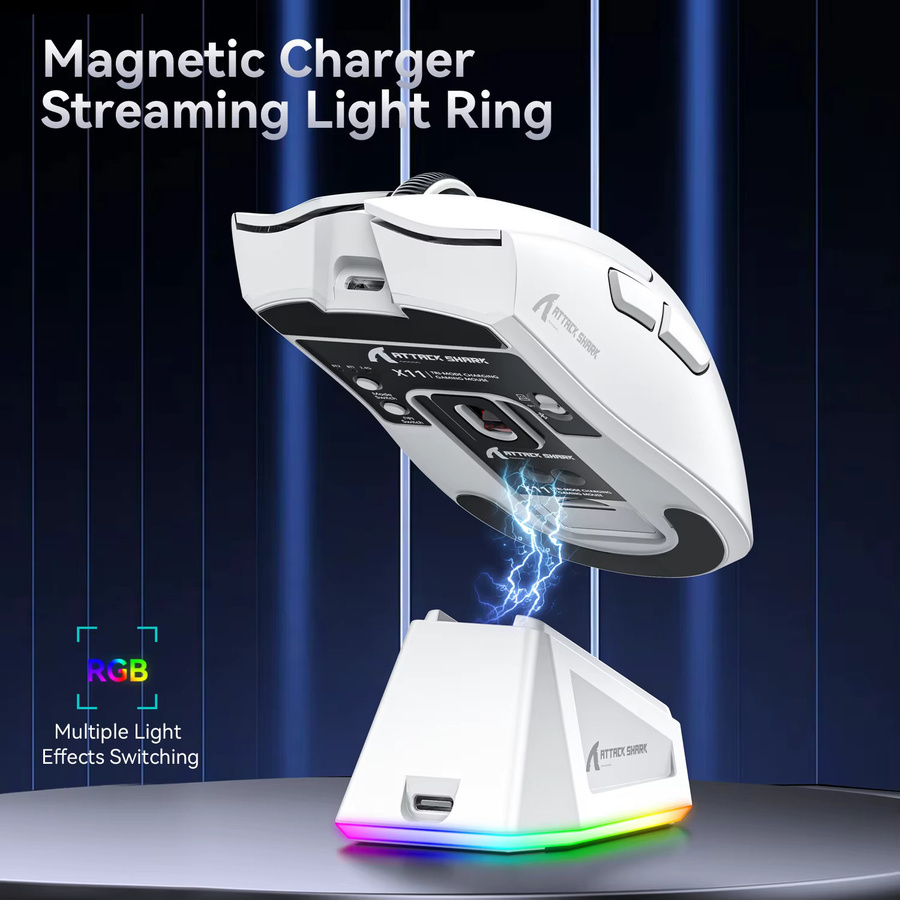 Attack Shark X11 Tri-Mode Gaming-Maus mit magnetischer Ladestation, PixArt PAW3311-Sensor, 22K DPI, Bluetooth, 2,4 GHz und kabelgebunden, für PC und MAC, Weiß/Rot - Bild 4