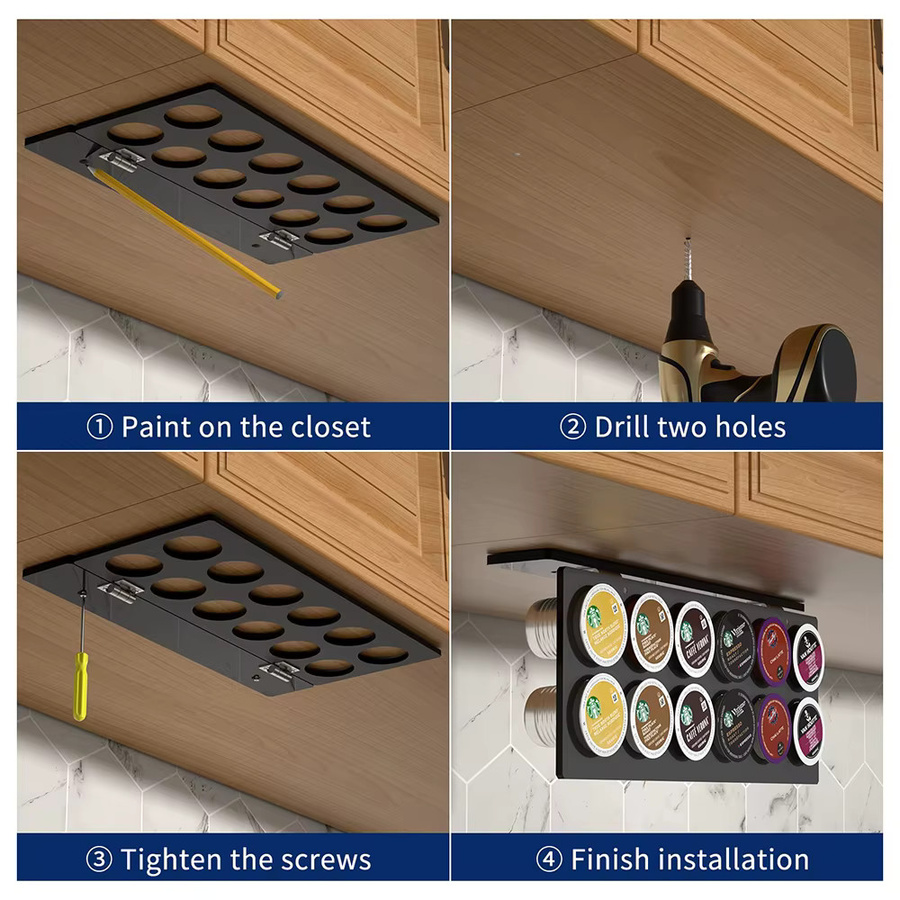 Dalinwell Acryl Kaffee-Kapselhalter Schwarz platzsparender Wandhalter für Kaffeekapseln und Tassen zur Aufbewahrung unter dem Schrank - Bild 4