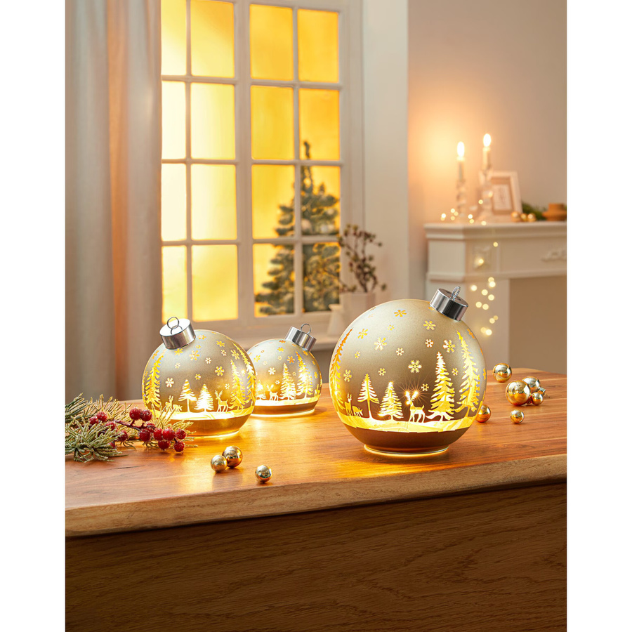 LED-Weihnachtskugel von Viva Domo in Gold mit floralem Glasdesign und Schneeflocken-Motiv - Bild 2