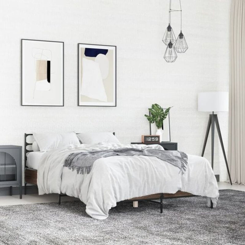 Vidaxl Bettgestell in Braun mit Eichen-Optik aus Holzwerkstoff und Metall im Industrial-Design B/T: 140 x 190 cm - Bild 1