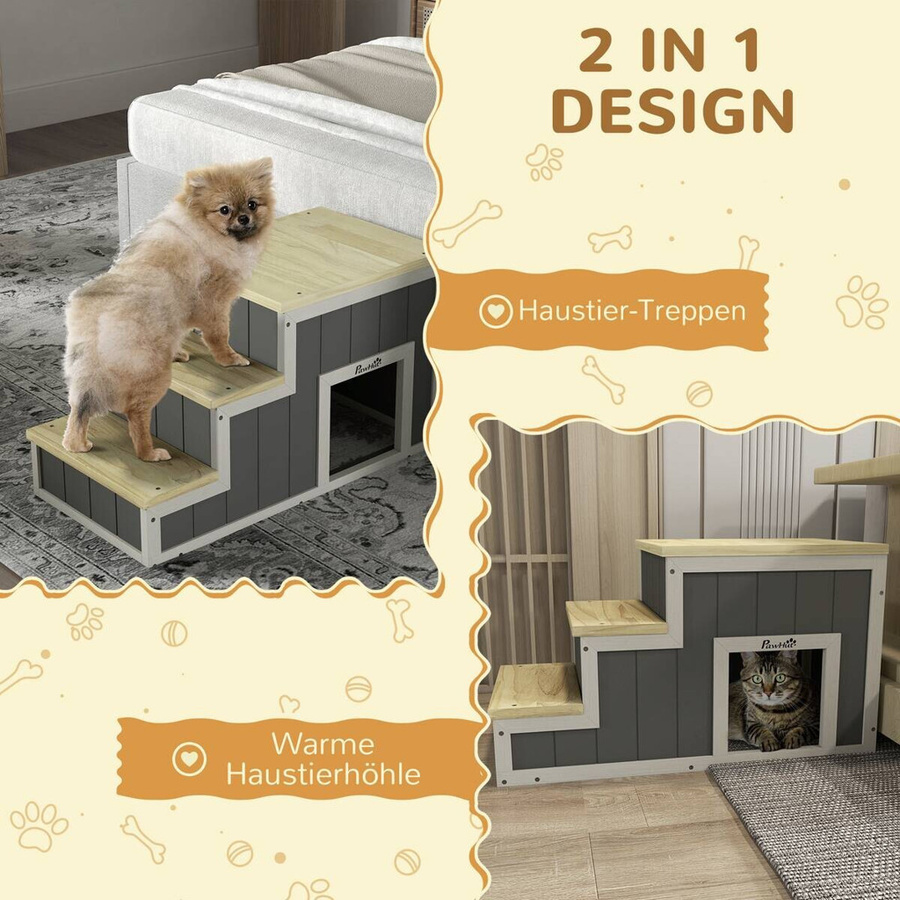 PawHut Hundetreppe und Katzentreppe aus Holz in Natur, rutschfest, B/H/L: 38,5 x 79 x 45 cm - Bild 4
