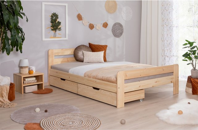 TiCAA Bert Massivholz Bett aus Kiefer Natur in Braun für Einzelbett oder Doppelbett - Bild 1