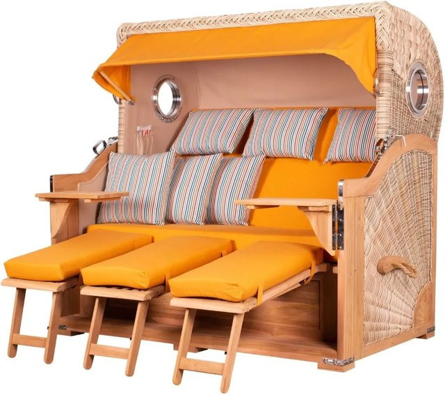 bene,iving Strandkorb Komplettset Königssee 3 Sitzer aus Teakholz mit PE Shell Modell 586, Farbe Braun, inklusive Liftersystem, Schutzhülle, Doppelrollen und Glasbecherhalter - Bild 1