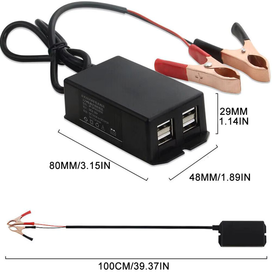 USB Hub Ladestation für Auto und Motorrad mit 4 USB-Ports und Batterieclip, DC Konverter Netzteil für 12V 24V, Schwarz - Bild 5