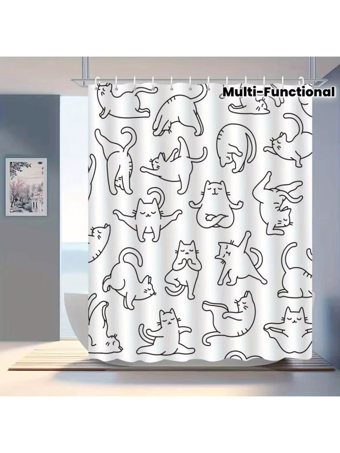 VIKAMA Minimalistischer Katzen-Duschvorhang aus wasserdichtem Polyester in Weiß - Bild 3