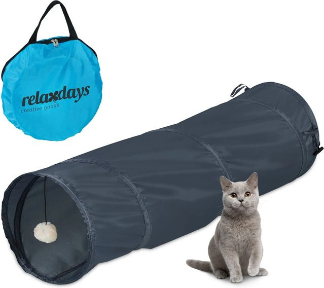 Relaxdays Katzentunnel mit Spielzeug aus Polyester in Grau, faltbar, Länge: 90 cm, Durchmesser: 25 cm - Bild 1