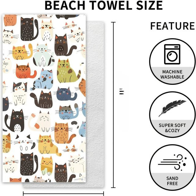 Schnelltrocknendes Mikrofaser-Strandtuch mit Katzen-Motiv von JMG Household Supplies, sandfreies Badetuch für Erwachsene, B/H: 90 x 180 cm, Mehrfarbig - Bild 1