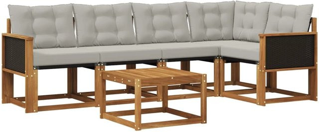 vidaXL Outdoor-Sofagarnitur in L-Form aus Akazienholz mit Textilene und 6 Kissen in Grau und Natur - Bild 1