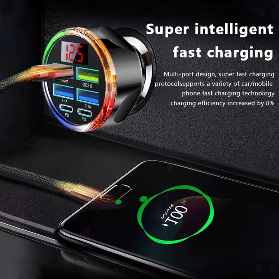 UYUXIO 6-in-1 USB-C Autoladegerät in Schwarz mit Voltmeter und Multi-Port Schnellladeadapter für iPhone und Samsung - Bild 3