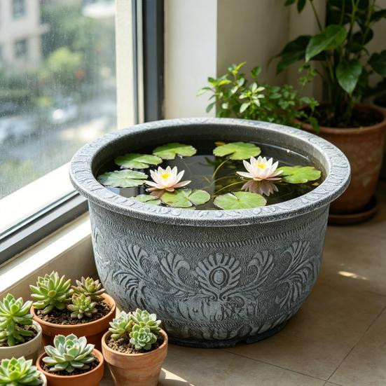 ZiQiDongLai Blumentopf aus Harz mit 3D-Reliefdesign in Grau für Garten, Balkon und Terrasse - Bild 7