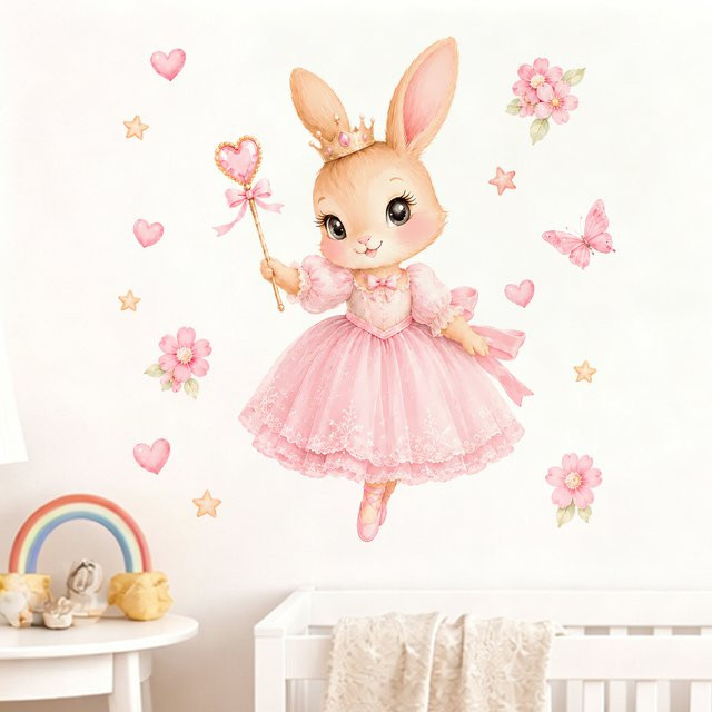 Kingsmile Ballerina-Häschen-Prinzessin Wandaufkleber in Pink, abziehbarer und wiederverwendbarer Aquarell-Sticker für das Kinderzimmer - Bild 1