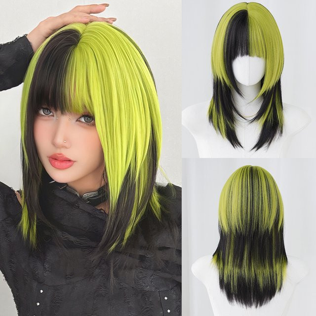 7JHH WIGS Perücke, schulterlang, glatt, schwarz-grün Ombre, Damen - Bild 1
