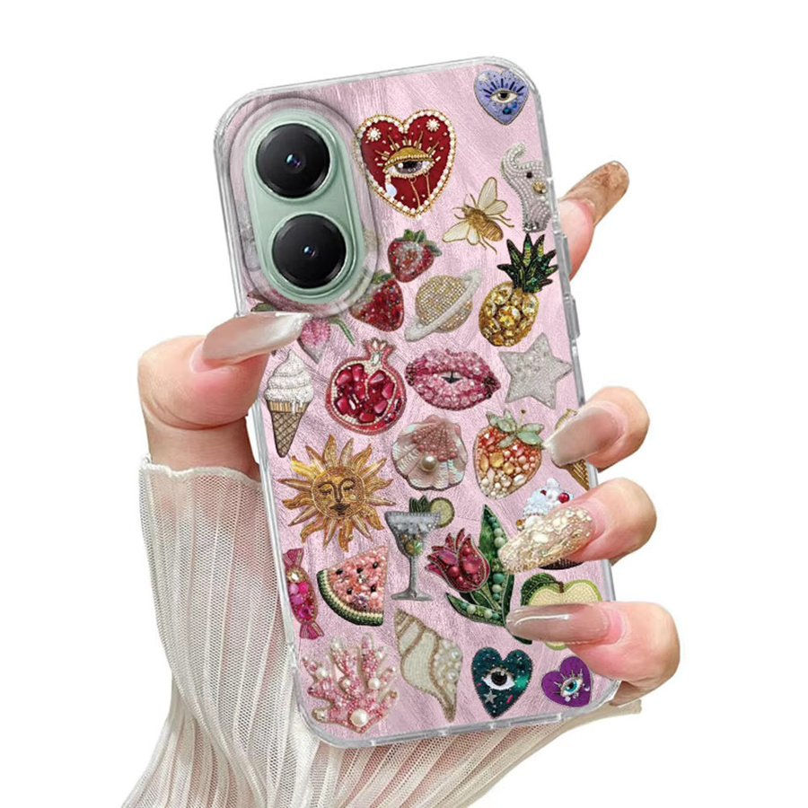 Handyhülle mit rosa Grafik Muster aus Obst, Sternen, Sonne, Auge und Federn für Xiaomi Poco X7 X6 X5 M6 Pro X3 NFC M5S C75 C71 C65 C61 in Pink - Bild 3