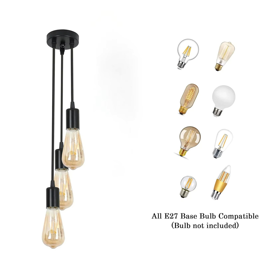ASCELINA 3-Kopf Pendelleuchte im industriellen Stil aus Metall, Schwarz, E27 Loft Edison Hängelampe für dein Wohnzimmer - Bild 3