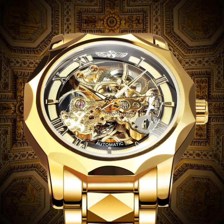 WINNER Automatik-Armbanduhr, Edelstahl, Gold, Herren, Leuchtzeiger - Bild 3
