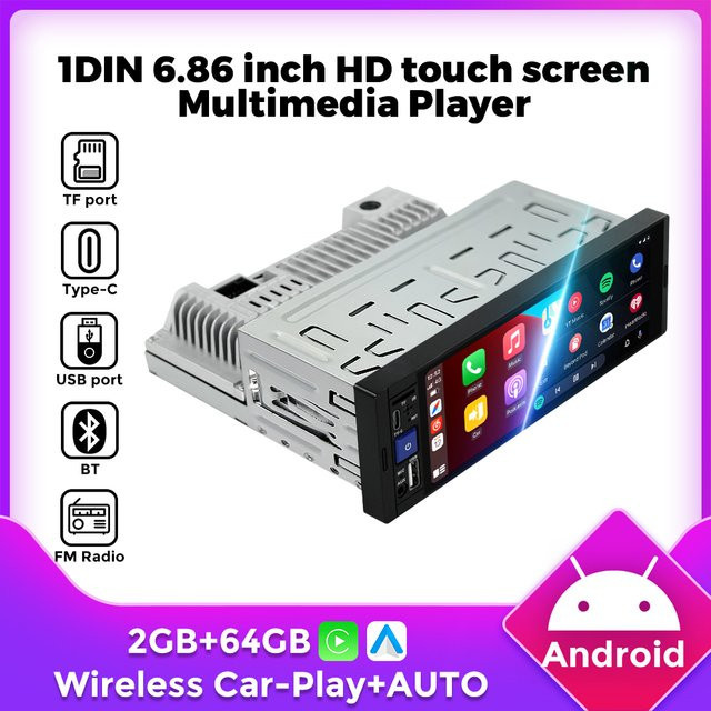 TomoStrong 1DIN MP5 Android Autoradio mit 6,86 Zoll HD-Touchscreen, 2GB RAM + 64GB Speicher, Schwarz, unterstützt kabelloses CarPlay und AUTO - Bild 1
