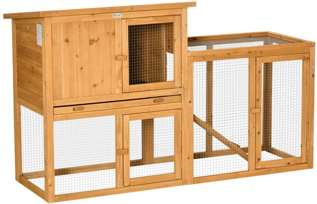 PawHut Kaninchenstall aus Tannenholz mit Rampe und herausnehmbarer Bodenwanne, Orange, B/T/H: 141 x 60 x 86 cm - Bild 1