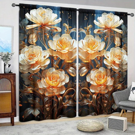 2er-Set Vorhang mit goldenem Blumenmuster von Household supplies MH, halbtransparent, B: 132 cm, H: 160 cm