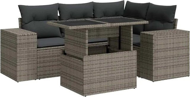 vidaXL 5-tlg. Garten-Sofagarnitur in L-Form aus grauem Poly-Rattan mit Kissen und Armlehnen - Bild 1