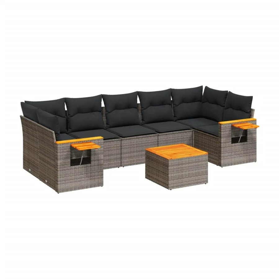vidaXL 8-teilige Garten-Sofagarnitur in L-Form aus grauem Poly-Rattan mit Kissen und Akazienholz - Bild 2